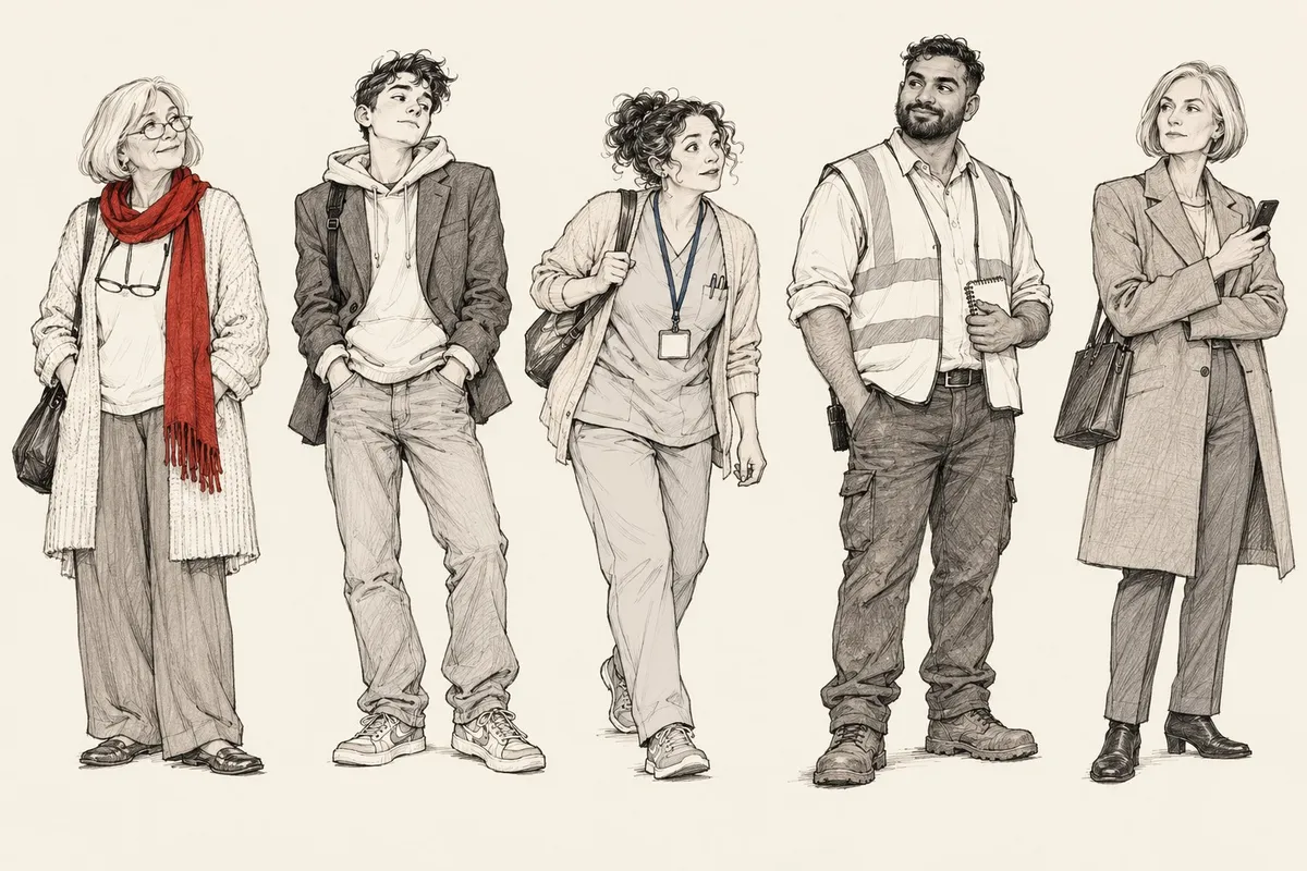 Sketch of the book's cast: Hester, a young man in a blazer and hoodie, a nurse, a site manager in a hi-vis vest and a woman in a long coat.